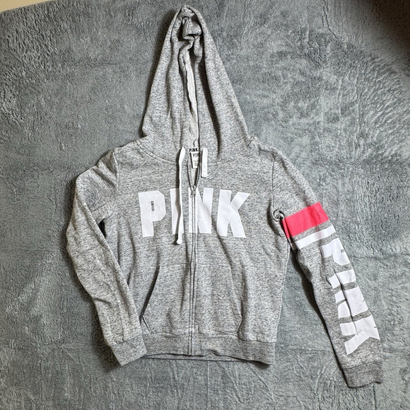 PINK Victoria’s Secret Campus Crew Full Zip Up Hooded Sweater Jacket Grey Large - Picture 2 of 7